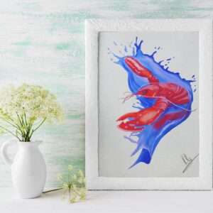 Druck „Lobster Splash“ – Roter Hummer auf blauer Splash-Bewegung von Nia Moody5