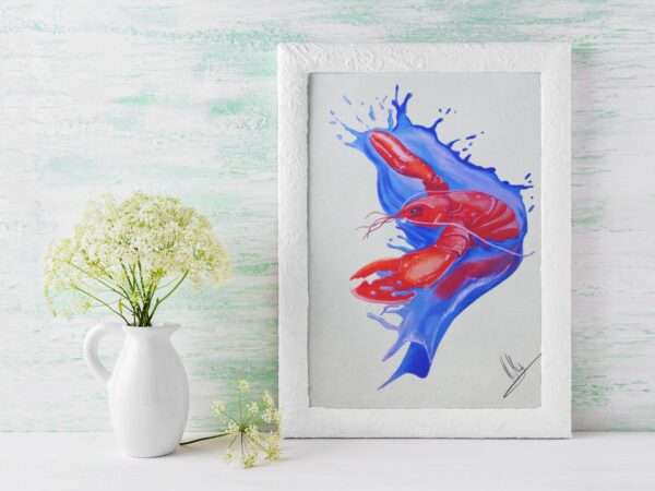 Druck „Lobster Splash“ – Roter Hummer auf blauer Splash-Bewegung von Nia Moody5