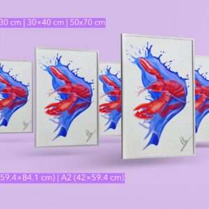 Druck „Lobster Splash“ – Roter Hummer auf blauer Splash-Bewegung von Nia Moody4