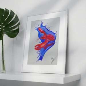 Druck „Lobster Splash“ – Roter Hummer auf blauer Splash-Bewegung von Nia Moody3