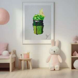 Druck eines Muffins mit grünem Gel-Topping und Zitronenscheibe auf weißem Hintergrund – Kunstwerk von Nia Moody10