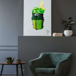 Druck eines Muffins mit grünem Gel-Topping und Zitronenscheibe auf weißem Hintergrund – Kunstwerk von Nia Moody9