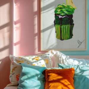 Druck eines Muffins mit grünem Gel-Topping und Zitronenscheibe auf weißem Hintergrund – Kunstwerk von Nia Moody8