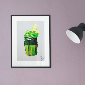 Druck eines Muffins mit grünem Gel-Topping und Zitronenscheibe auf weißem Hintergrund – Kunstwerk von Nia Moody6