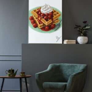 Digitaler Food-Art-Druck mit Waffeln, heißen Kirschen und Sahne auf grünem Teller – von Jasmin Moody9