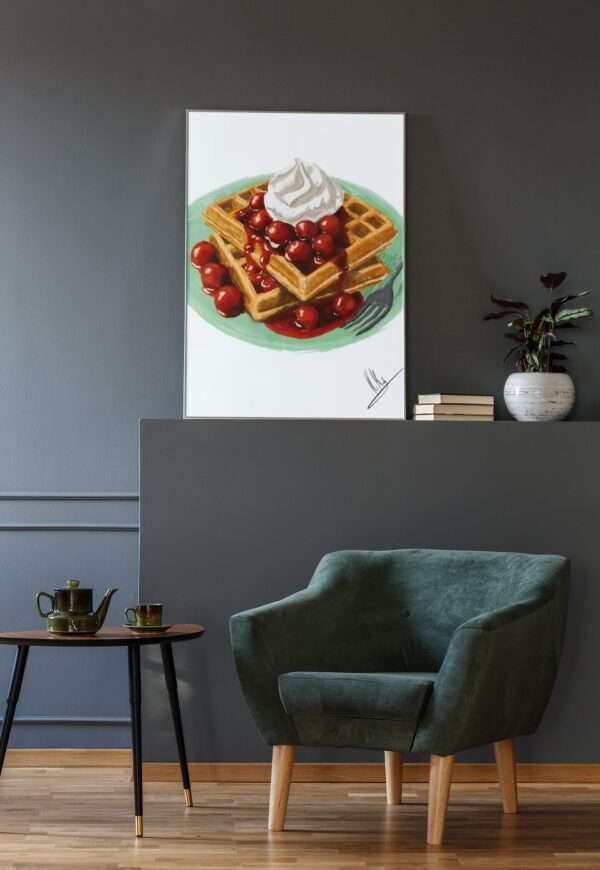 Digitaler Food-Art-Druck mit Waffeln, heißen Kirschen und Sahne auf grünem Teller – von Jasmin Moody9