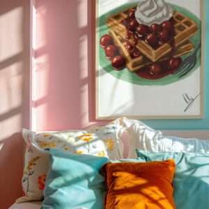 Digitaler Food-Art-Druck mit Waffeln, heißen Kirschen und Sahne auf grünem Teller – von Jasmin Moody8