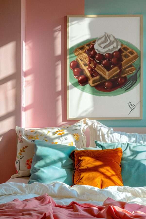 Digitaler Food-Art-Druck mit Waffeln, heißen Kirschen und Sahne auf grünem Teller – von Jasmin Moody8