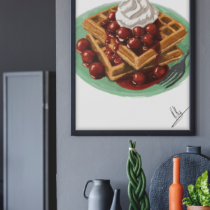 Digitaler Food-Art-Druck mit Waffeln, heißen Kirschen und Sahne auf grünem Teller – von Jasmin Moody7