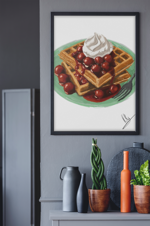 Digitaler Food-Art-Druck mit Waffeln, heißen Kirschen und Sahne auf grünem Teller – von Jasmin Moody7