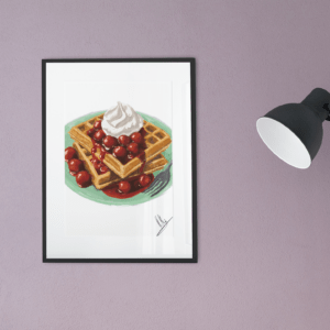 Digitaler Food-Art-Druck mit Waffeln, heißen Kirschen und Sahne auf grünem Teller – von Jasmin Moody6