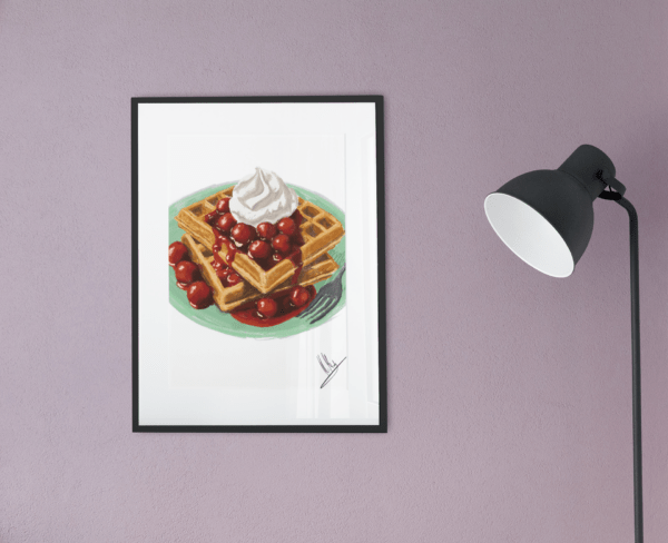 Digitaler Food-Art-Druck mit Waffeln, heißen Kirschen und Sahne auf grünem Teller – von Jasmin Moody6