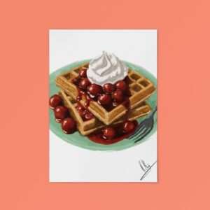 Digitaler Food-Art-Druck mit Waffeln, heißen Kirschen und Sahne auf grünem Teller – von Jasmin Moody