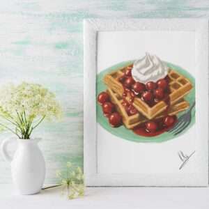 Digitaler Food-Art-Druck mit Waffeln, heißen Kirschen und Sahne auf grünem Teller – von Jasmin Moody5
