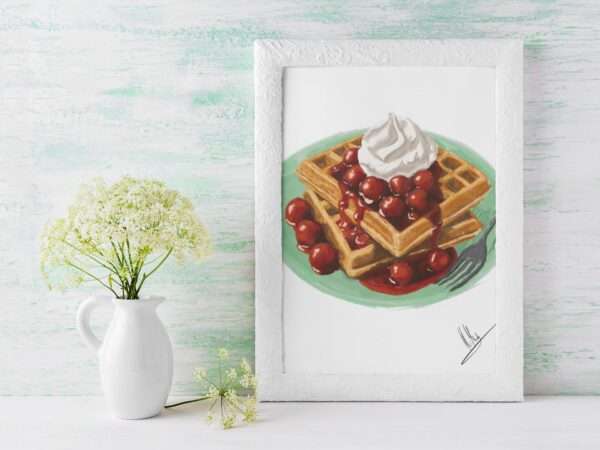 Digitaler Food-Art-Druck mit Waffeln, heißen Kirschen und Sahne auf grünem Teller – von Jasmin Moody5