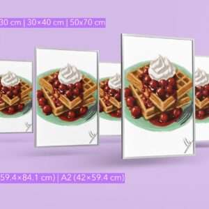Digitaler Food-Art-Druck mit Waffeln, heißen Kirschen und Sahne auf grünem Teller – von Jasmin Moody4