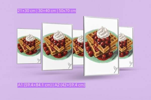 Digitaler Food-Art-Druck mit Waffeln, heißen Kirschen und Sahne auf grünem Teller – von Jasmin Moody4