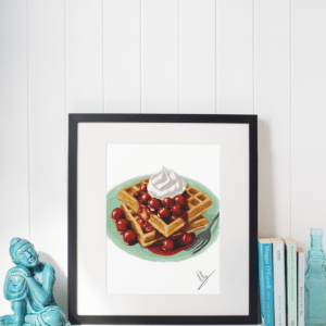 Digitaler Food-Art-Druck mit Waffeln, heißen Kirschen und Sahne auf grünem Teller – von Jasmin Moody3