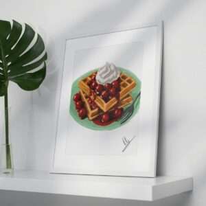 Digitaler Food-Art-Druck mit Waffeln, heißen Kirschen und Sahne auf grünem Teller – von Jasmin Moody2