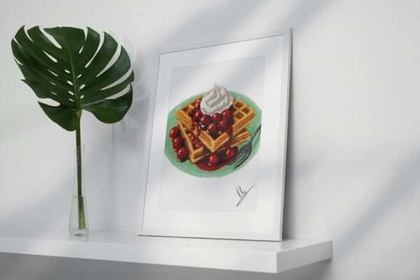 Digitaler Food-Art-Druck mit Waffeln, heißen Kirschen und Sahne auf grünem Teller – von Jasmin Moody2