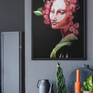 Druck eines weiblichen Porträts mit grünen Blättern im Haar auf schwarzem Hintergrund – Kunstwerk von Nia Moody 6