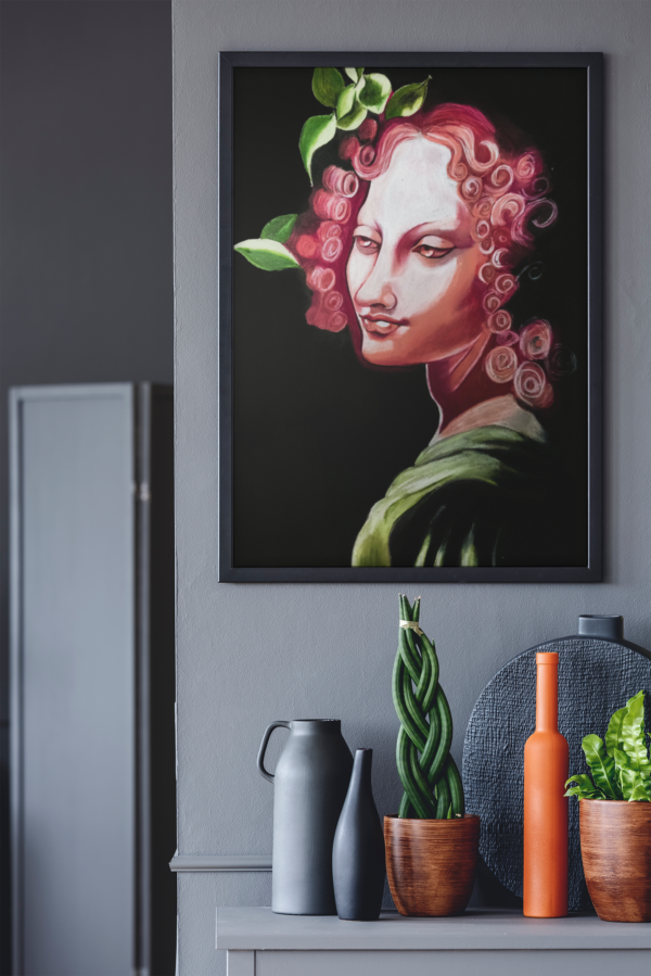 Druck eines weiblichen Porträts mit grünen Blättern im Haar auf schwarzem Hintergrund – Kunstwerk von Nia Moody 6