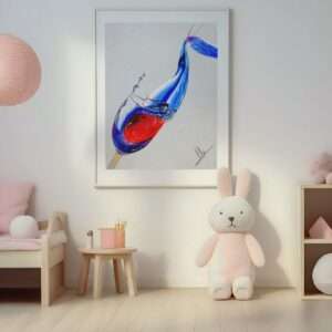 Abstrakte Zeichnung von Wein und Wasser in einem Glas – rote und blaue Farbwellen, Kunst von Jasmin Moody1
