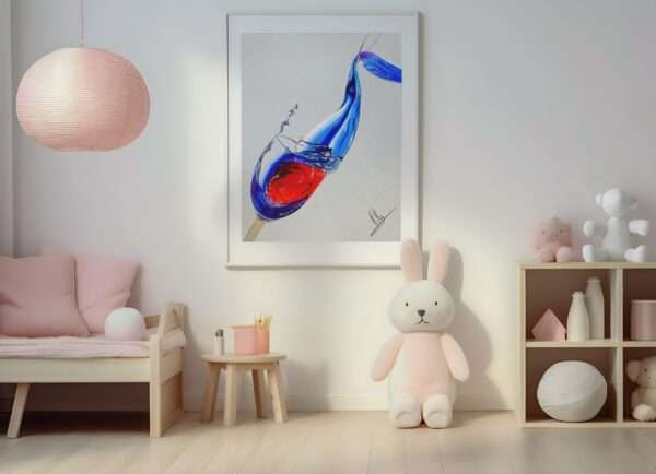 Abstrakte Zeichnung von Wein und Wasser in einem Glas – rote und blaue Farbwellen, Kunst von Jasmin Moody1