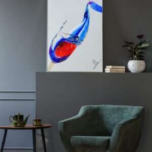 Abstrakte Zeichnung von Wein und Wasser in einem Glas – rote und blaue Farbwellen, Kunst von Jasmin Moody8