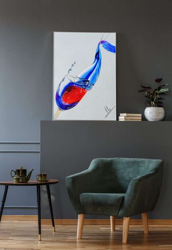 Abstrakte Zeichnung von Wein und Wasser in einem Glas – rote und blaue Farbwellen, Kunst von Jasmin Moody8