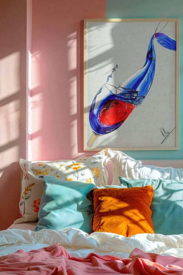 Abstrakte Zeichnung von Wein und Wasser in einem Glas – rote und blaue Farbwellen, Kunst von Jasmin Moody7