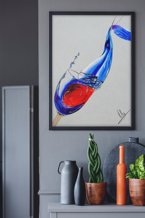Abstrakte Zeichnung von Wein und Wasser in einem Glas – rote und blaue Farbwellen, Kunst von Jasmin Moody6
