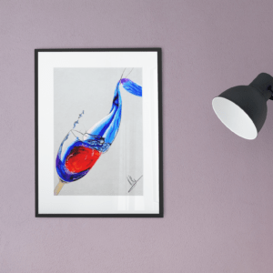 Abstrakte Zeichnung von Wein und Wasser in einem Glas – rote und blaue Farbwellen, Kunst von Jasmin Moody5