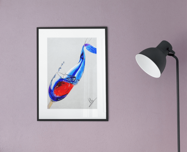 Abstrakte Zeichnung von Wein und Wasser in einem Glas – rote und blaue Farbwellen, Kunst von Jasmin Moody5