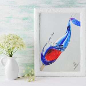 Abstrakte Zeichnung von Wein und Wasser in einem Glas – rote und blaue Farbwellen, Kunst von Jasmin Moody4