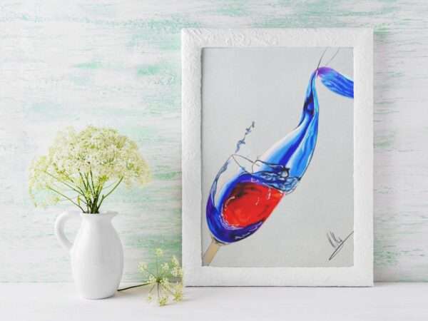Abstrakte Zeichnung von Wein und Wasser in einem Glas – rote und blaue Farbwellen, Kunst von Jasmin Moody4
