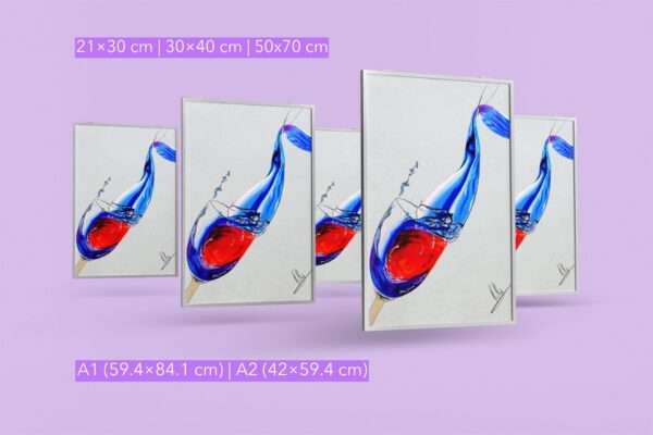 Abstrakte Zeichnung von Wein und Wasser in einem Glas – rote und blaue Farbwellen, Kunst von Jasmin Moody3