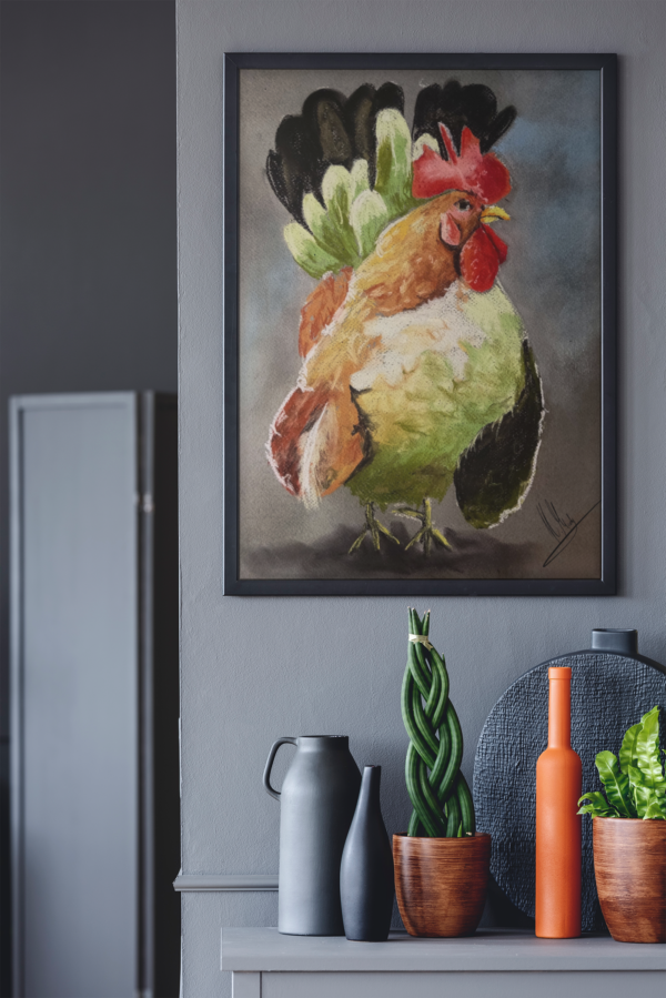 Druck eines stolzen, farbenprächtigen Hahns auf grauem Hintergrund – Kunstwerk von Nia Moody8