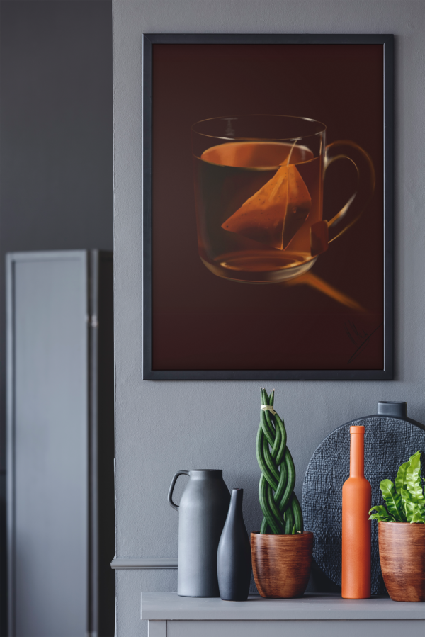 Digitaler Druck einer transparenten Teetasse mit Pyramidenbeutel und warmem Licht – Kunst von Jasmin Moody7