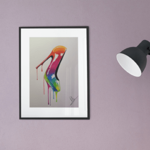 Druck eines farbstarken High Heels mit tropfendem Regenbogenverlauf – Kunstwerk von Nia Moody4