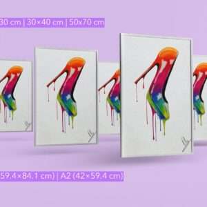 Druck eines farbstarken High Heels mit tropfendem Regenbogenverlauf – Kunstwerk von Nia Moody2