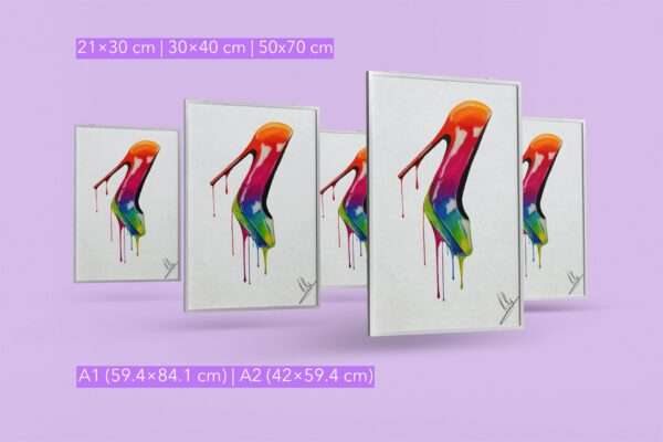 Druck eines farbstarken High Heels mit tropfendem Regenbogenverlauf – Kunstwerk von Nia Moody2