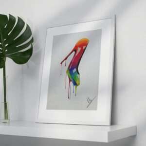Druck eines farbstarken High Heels mit tropfendem Regenbogenverlauf – Kunstwerk von Nia Moody9