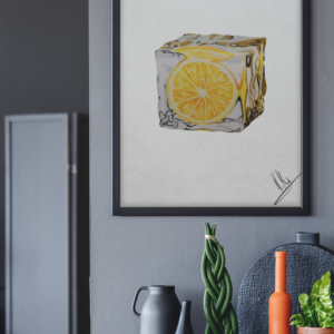 Druck eines fotorealistischen Eiswürfels mit eingefrorener Zitronenscheibe – Kunstwerk von Nia Moody10