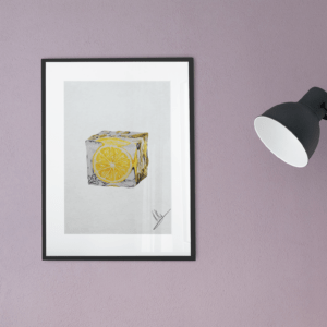 Druck eines fotorealistischen Eiswürfels mit eingefrorener Zitronenscheibe – Kunstwerk von Nia Moody9