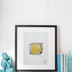 Druck eines fotorealistischen Eiswürfels mit eingefrorener Zitronenscheibe – Kunstwerk von Nia Moody6