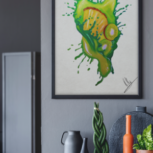 Druck tropischer Früchte mit Splash in Grün und Gelb – Kiwi und Ananas als farbenfrohes Kunstwerk von Nia Moody7