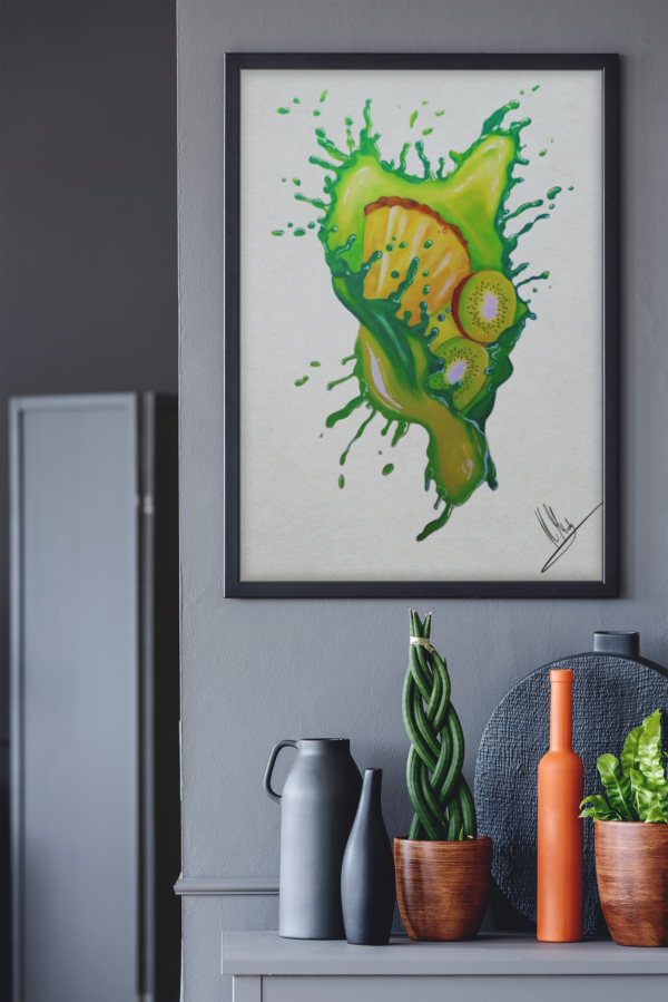 Druck tropischer Früchte mit Splash in Grün und Gelb – Kiwi und Ananas als farbenfrohes Kunstwerk von Nia Moody7