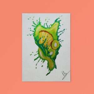 Druck tropischer Früchte mit Splash in Grün und Gelb – Kiwi und Ananas als farbenfrohes Kunstwerk von Nia Moody