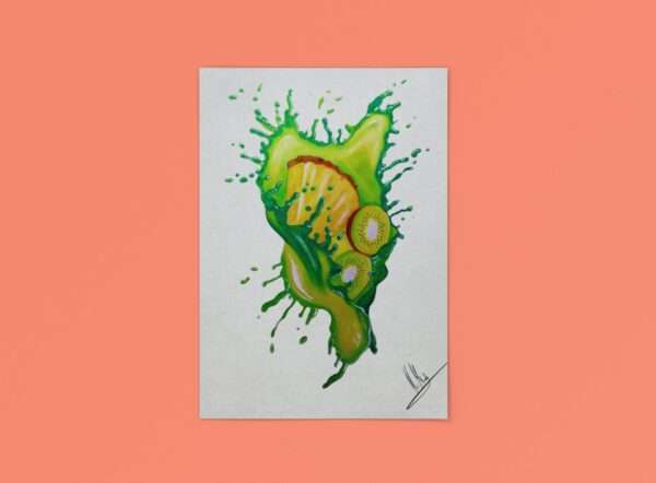 Druck tropischer Früchte mit Splash in Grün und Gelb – Kiwi und Ananas als farbenfrohes Kunstwerk von Nia Moody